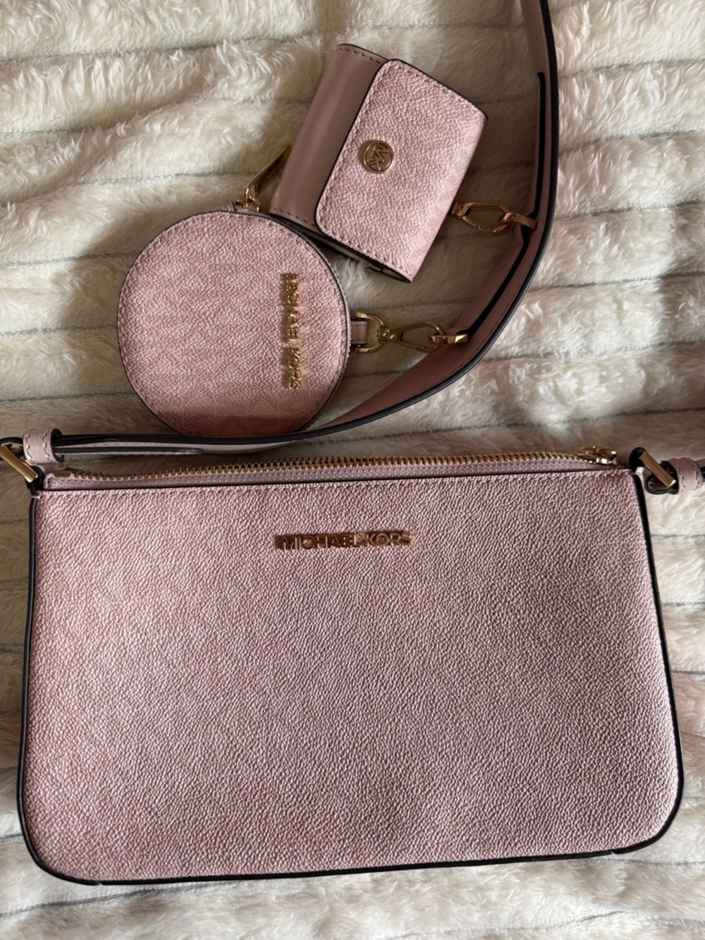 Michael Kors Blush Pink Leather Crossbody Trio with Coin Pouch and Card Case
